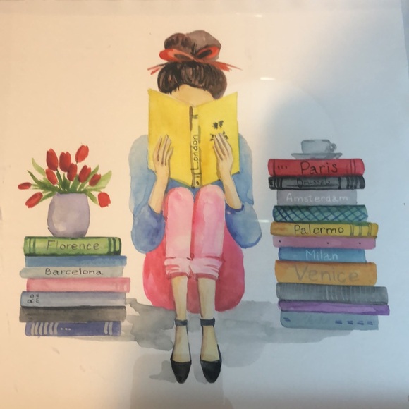 Watercolor hanging Art Girl Reading Books Tulips Paris London Original - Picture 5 of 16
